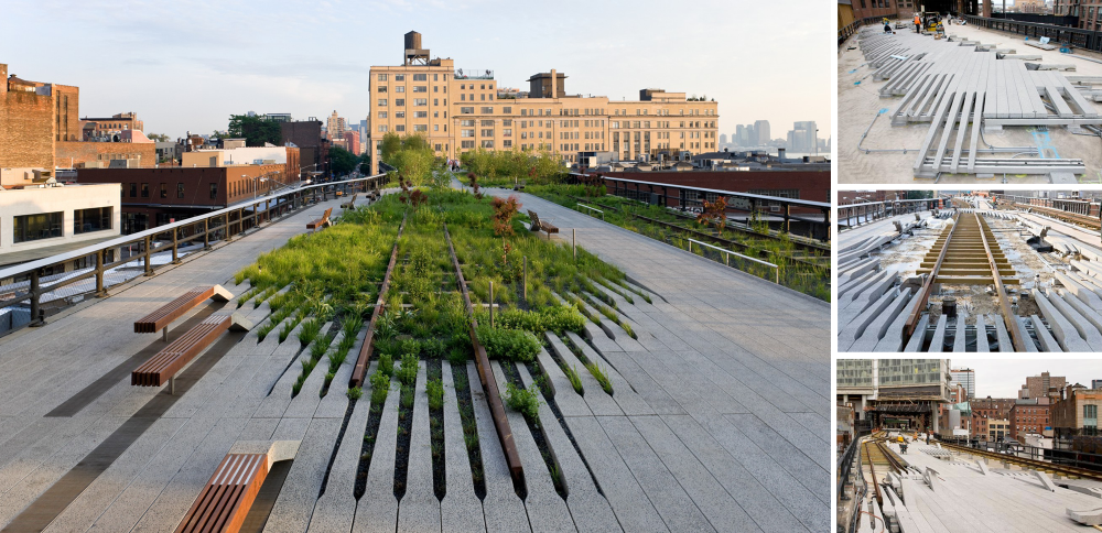 The High Line Park, Manhattan, New York City. 2009-2019. Left photo by Diller Scofidio + Renfro. Right photos by Designboom website